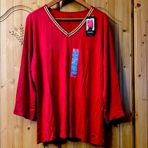 Jones New York Red V-Neck 3/4 sleeve Top with gold sequin detail. NWT